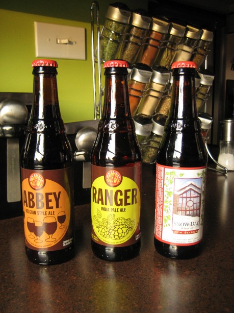 A trio of New Belgium beers from their winter sampler pack. From left to right: A Belgian Dubbel, IPA, and a nicely hopped Winter Ale.